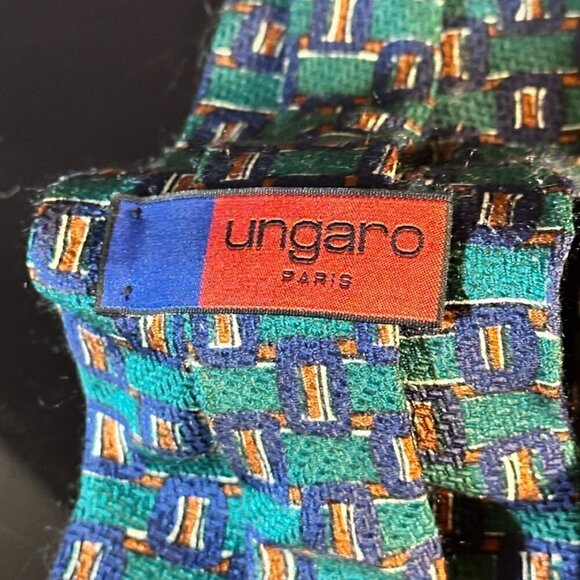 Emanuel Ungaro Silk TGreen Squares Modernist Mans EuC Festive Lush Vintage - Picture 4 of 4